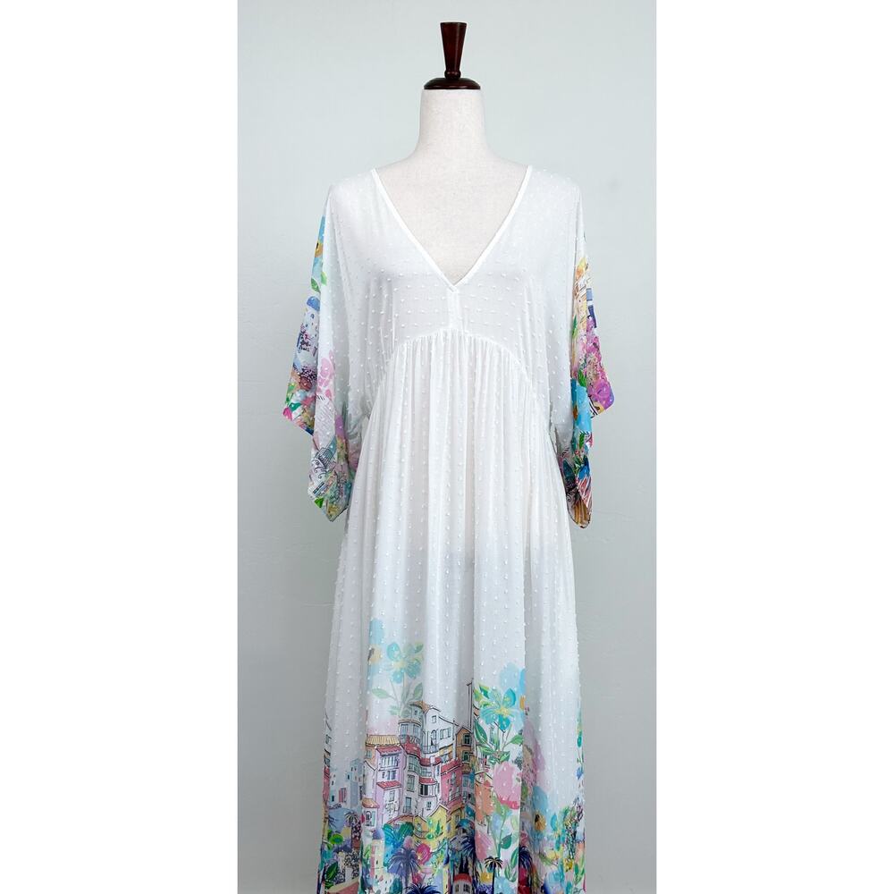Johnny Was Spello Kaftan XS White Tropical Dolman Kaftan Maxi Dress NWOT - Picture 2 of 14